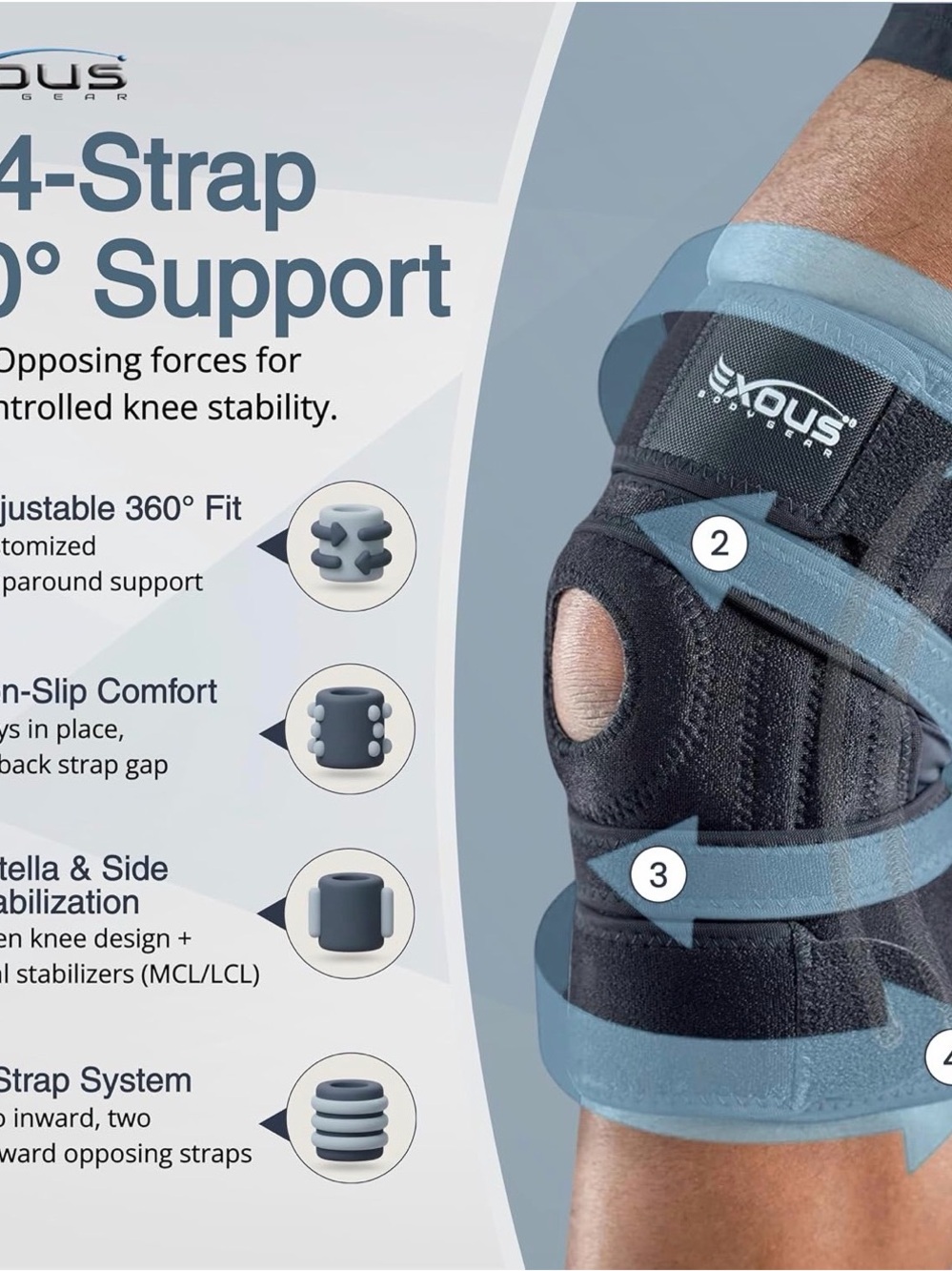 Kous 4-Strap 360° Knee Support Brace in Black & Light Blue